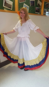 This is a picture of Eva dressed up for the Organization of Latin American Students, Multicultural Week Fashion Show