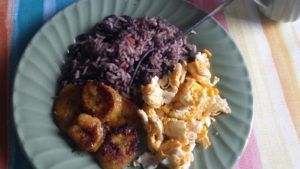 Beans and rice, cooked plantain and scrambled eggs